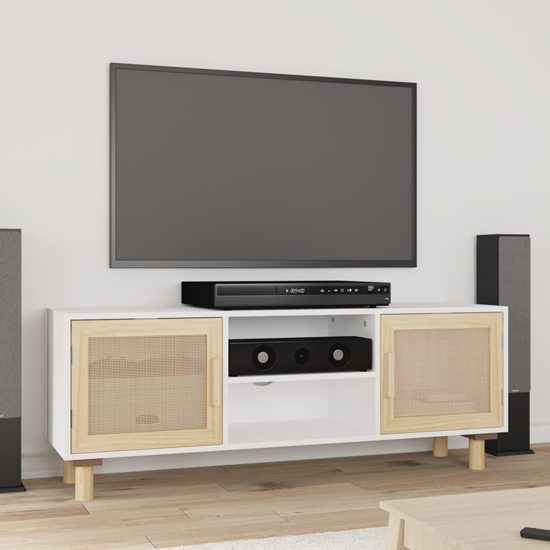 Read more about Alfy wooden tv stand with 2 door in white and natural rattan