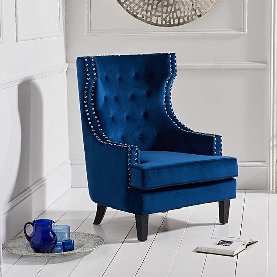 Irina Velvet Accent Chair In Blue With Black Legs