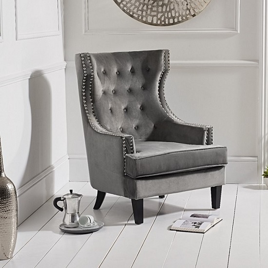 Irina Modern Accent Chair In Grey Velvet With Black Legs FiF