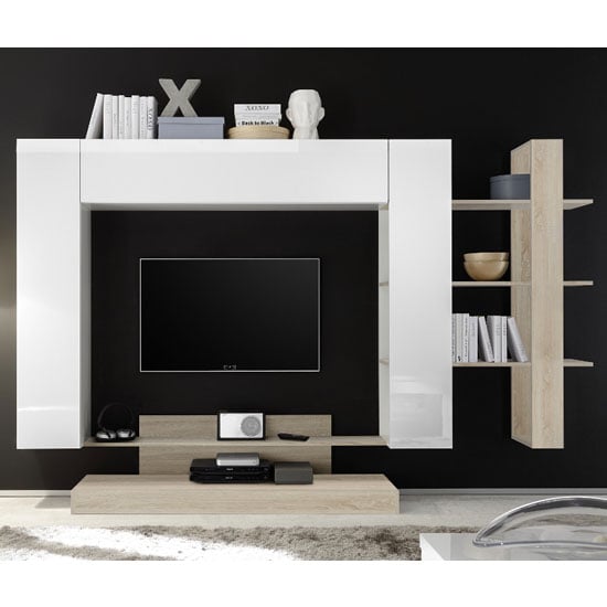 Photo of Iris large entertainment unit in white high gloss and samoa oak