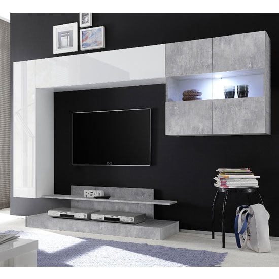 Iris Wall Entertainment Unit In White Gloss And Cement Effect