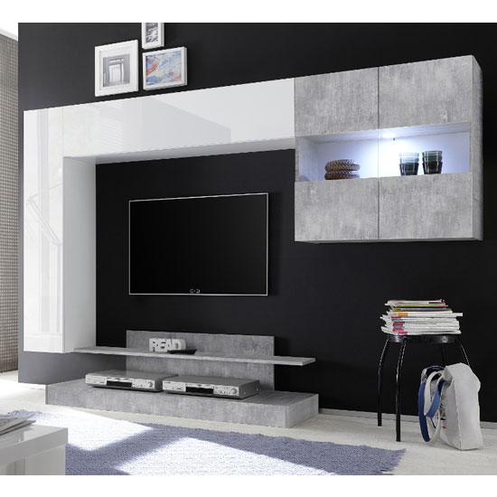 Photo of Iris wall entertainment unit in white gloss and cement effect