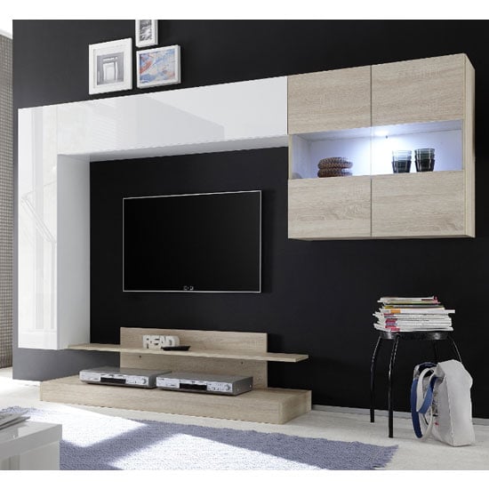 Product photograph of Iris Wall Entertainment Unit In White High Gloss And Samoa Oak from Furniture in Fashion