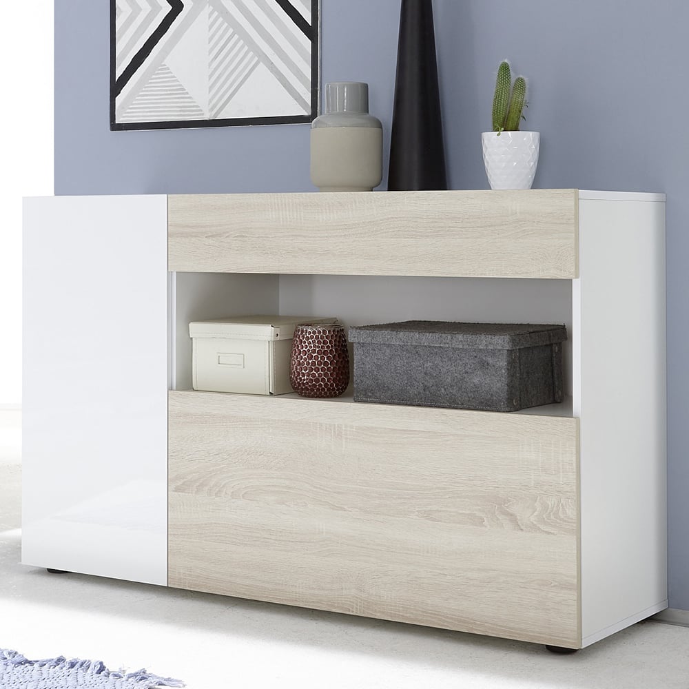 Iris White High Gloss Sideboard With 1 Drawer In Sonoma Oak