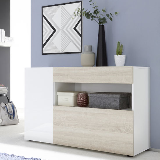 Photo of Iris wooden sideboard in white high gloss and samoa oak