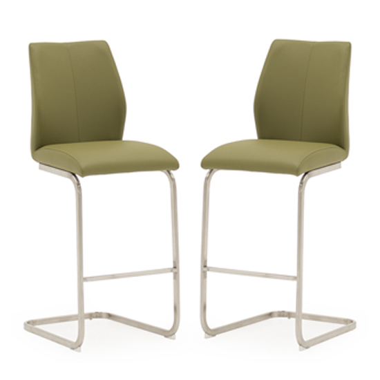 Irma Olive Faux Leather Bar Chairs With Steel Legs In Pair