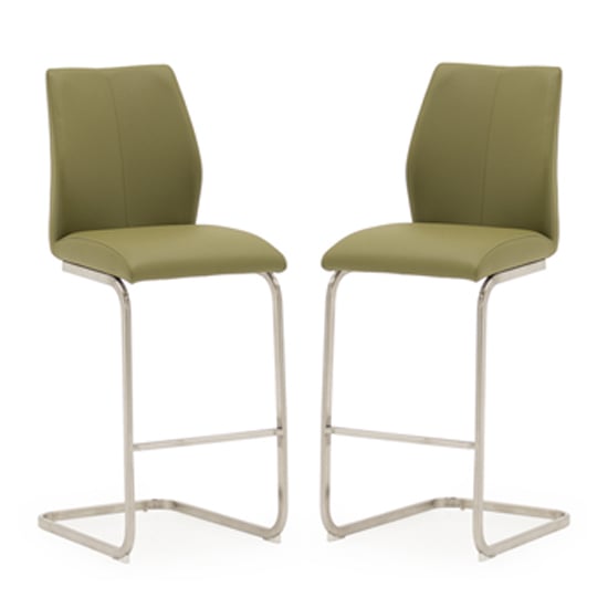 Irmak Olive Leather Bar Chairs With Steel Frame In Pair