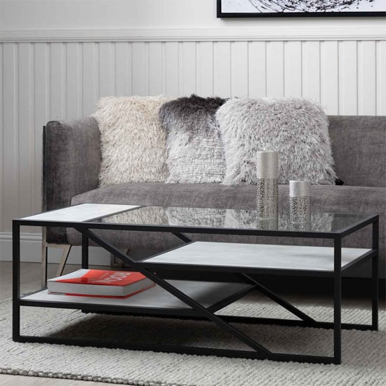 Product photograph of Irvine Clear Glass Coffee Table With Matte Black Steel Frame from Furniture in Fashion