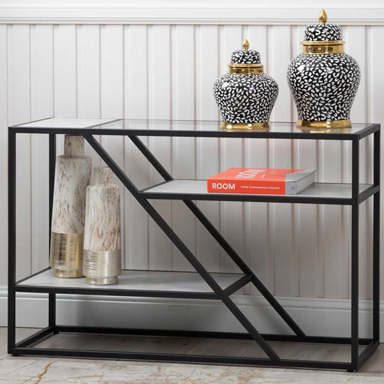 Federico clear glass narrow console table with black metal Browse