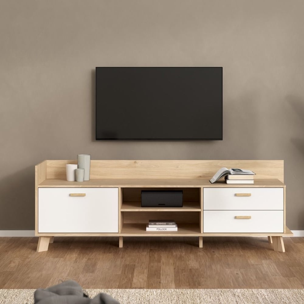 Read more about Irvine wooden tv stand with 1 door 2 drawers in oak and white