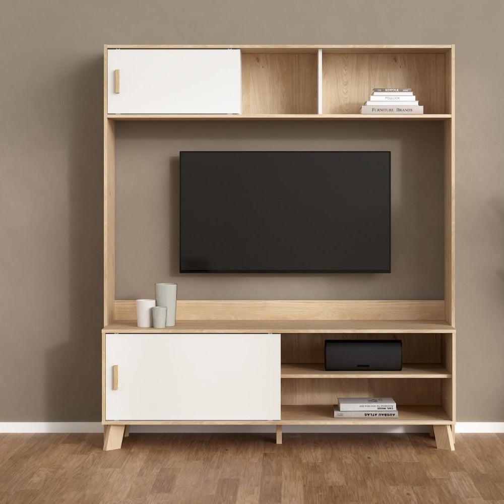 Read more about Irvine wooden tv stand with 2 sliding doors in oak and white