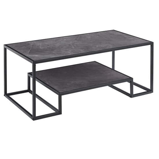 Read more about Isla wooden coffee table with undershelf in grey marble effect