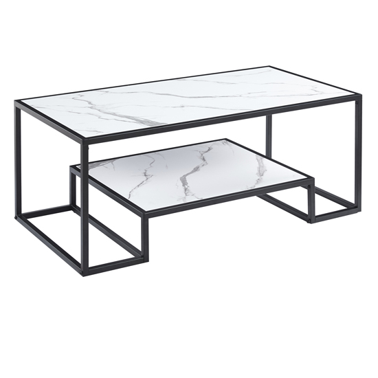Read more about Isla wooden coffee table with undershelf in white marble effect