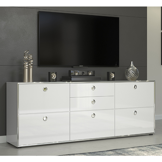 Photo of Isna high gloss tv sideboard with 5 doors 2 drawers in white