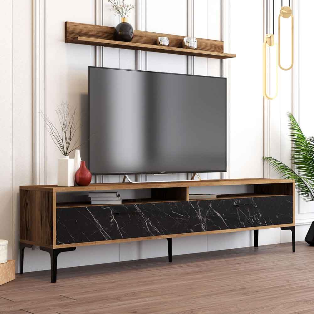 Istanbul Wooden Entertainment Unit and Coffee Table Set in Walnut and Black Marble Effect