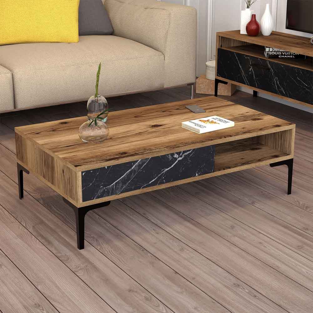 Istanbul Wooden Entertainment Unit and Coffee Table Set in Walnut and Black Marble Effect