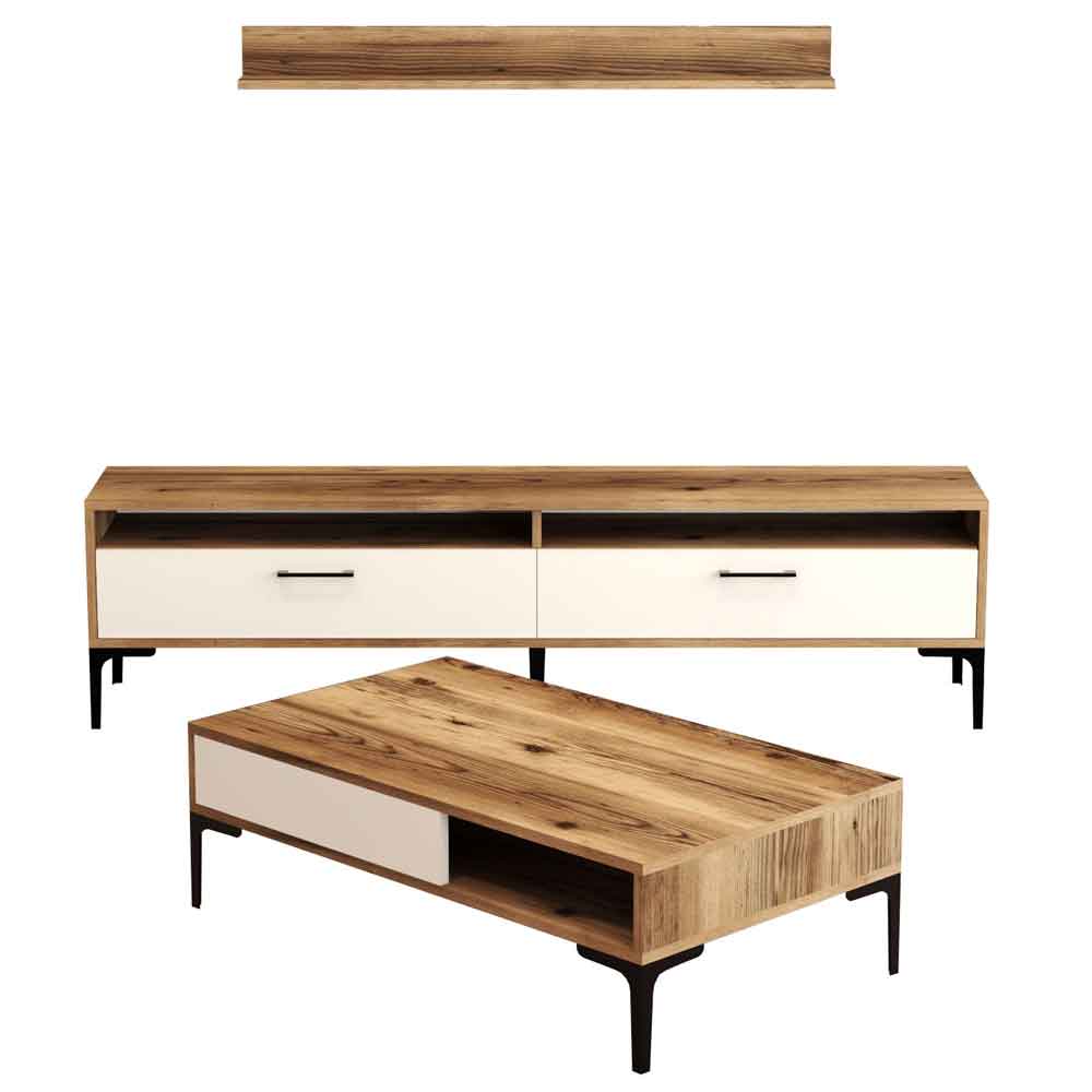 Istanbul Wooden Entertainment Unit and Coffee Table Set in Walnut and Cream