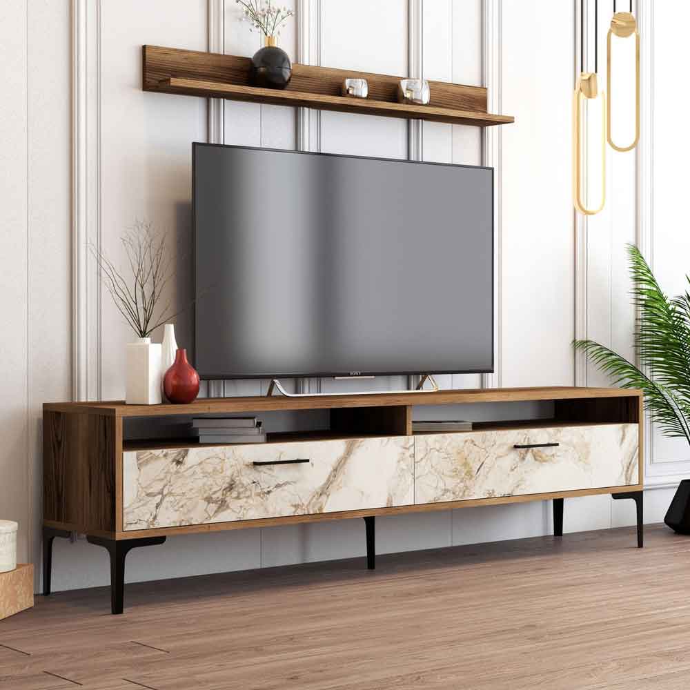Istanbul Wooden Entertainment Unit and Coffee Table Set in Walnut and White Marble Effect