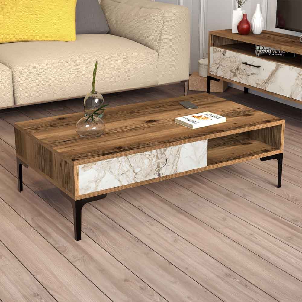 Istanbul Wooden Entertainment Unit and Coffee Table Set in Walnut and White Marble Effect