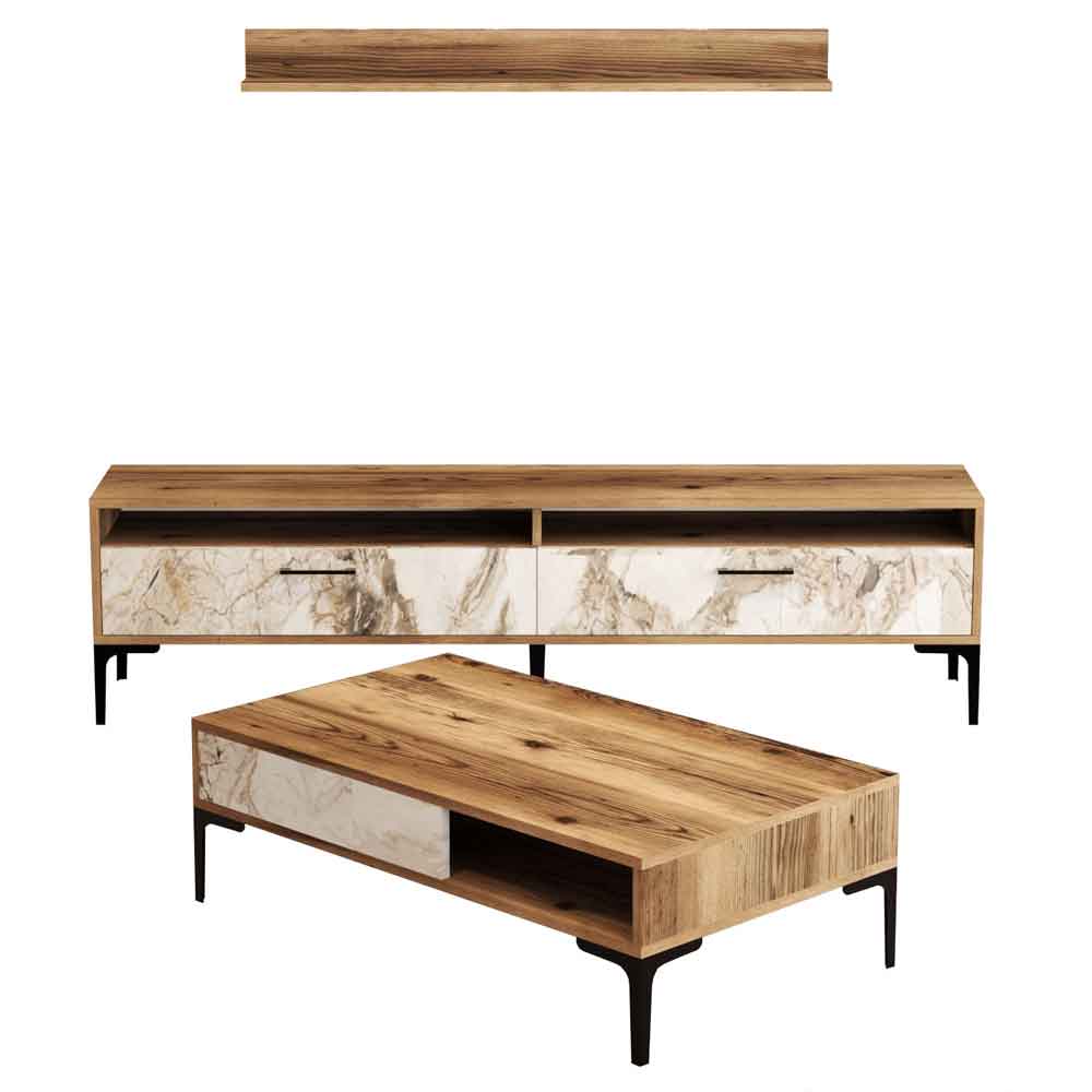 Istanbul Wooden Entertainment Unit and Coffee Table Set in Walnut and White Marble Effect