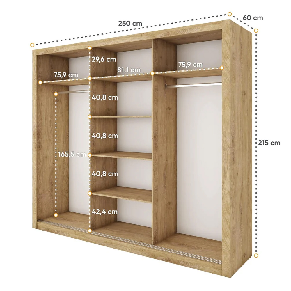 Ithaca Mirrored Wardrobe With 3 Sliding Doors In Oak Shetland