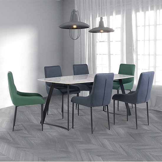 Valentino Grey Marble Dining Set With 6 Blue Cavalli Chairs | Furniture ...