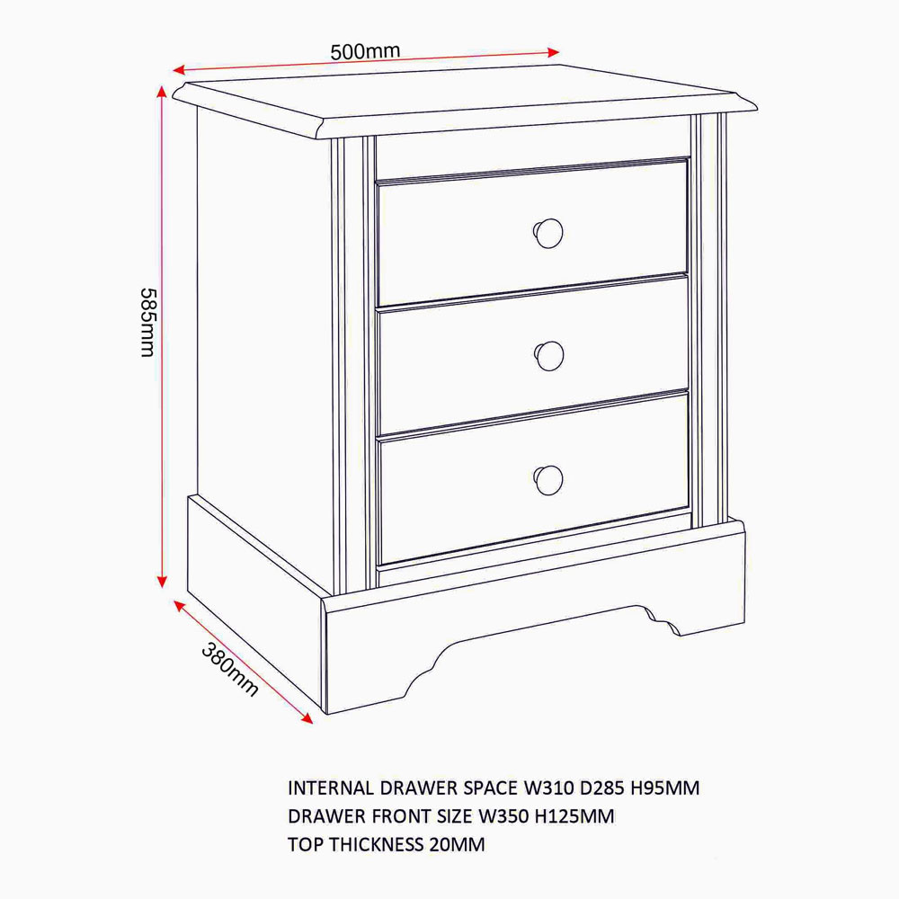 Iverion Wooden Bedside Cabinet with 3 Drawers in White