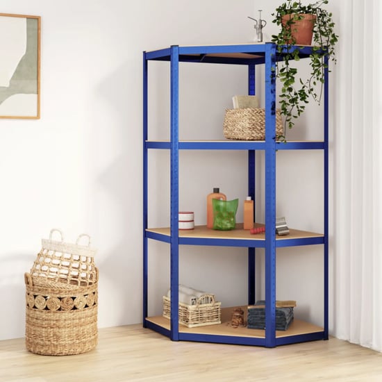 Product photograph of Ivins 4-tier Corner Shelving Unit In Blue Steel Frame from Furniture in Fashion