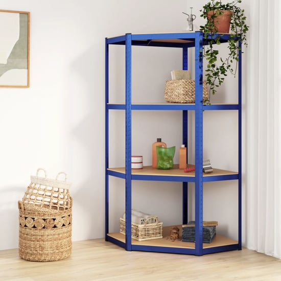 Photo of Ivins 4-tier corner shelving unit in blue steel frame