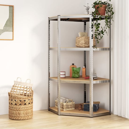 Photo of Ivins 4-tier corner shelving unit in silver steel frame