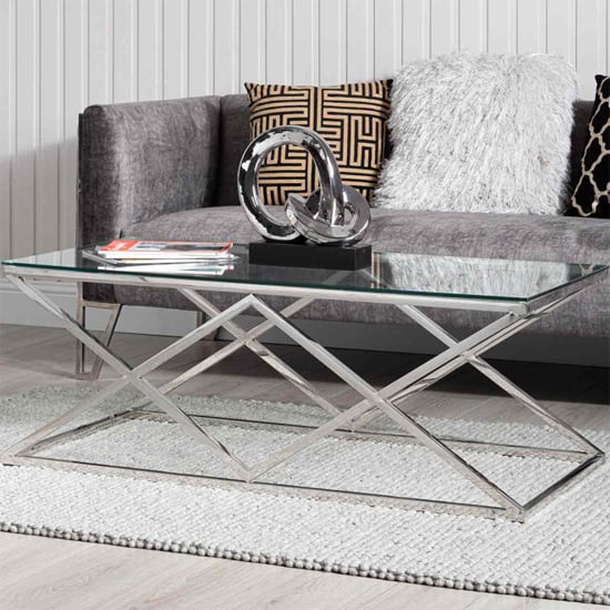 Product photograph of Ivins Clear Glass Coffee Table With Chrome Stainless Steel Base from Furniture in Fashion