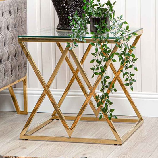 Product photograph of Ivins Clear Glass End Table With Gold Stainless Steel Base from Furniture in Fashion