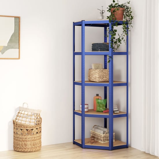 Read more about Ivins narrow 5-tier corner shelving unit in blue steel frame