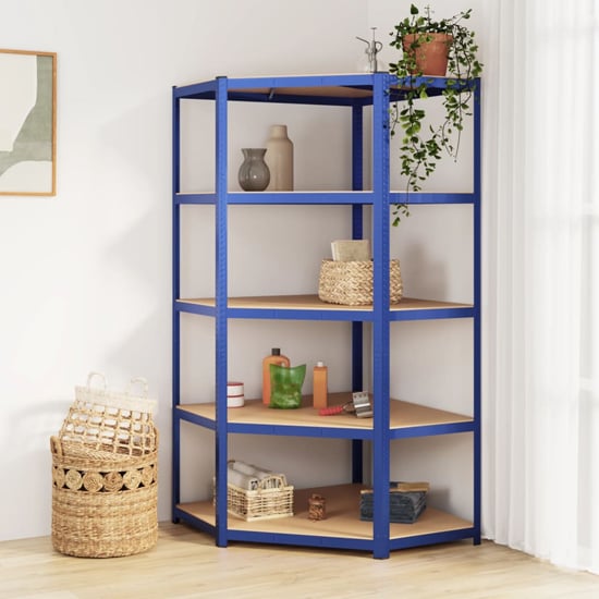 Product photograph of Ivins Wide 5-tier Corner Shelving Unit In Blue Steel Frame from Furniture in Fashion