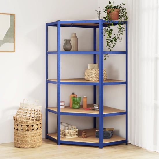 Read more about Ivins wide 5-tier corner shelving unit in blue steel frame