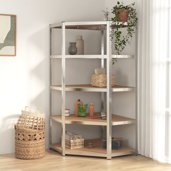 Photo of Ivins wide 5-tier corner shelving unit in silver steel frame