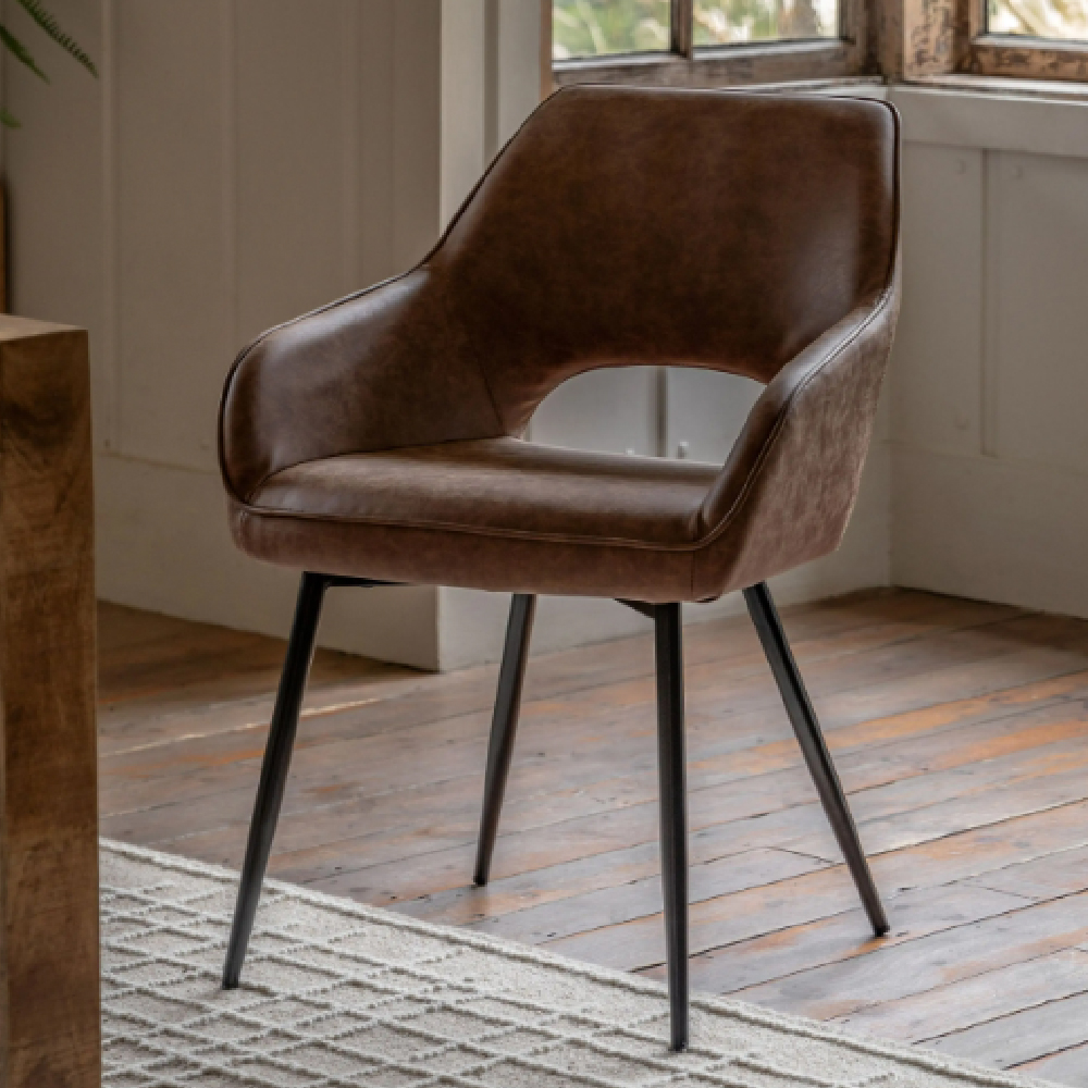 Ivoryton Brown Leather Dining Chairs With Black Legs In Pair