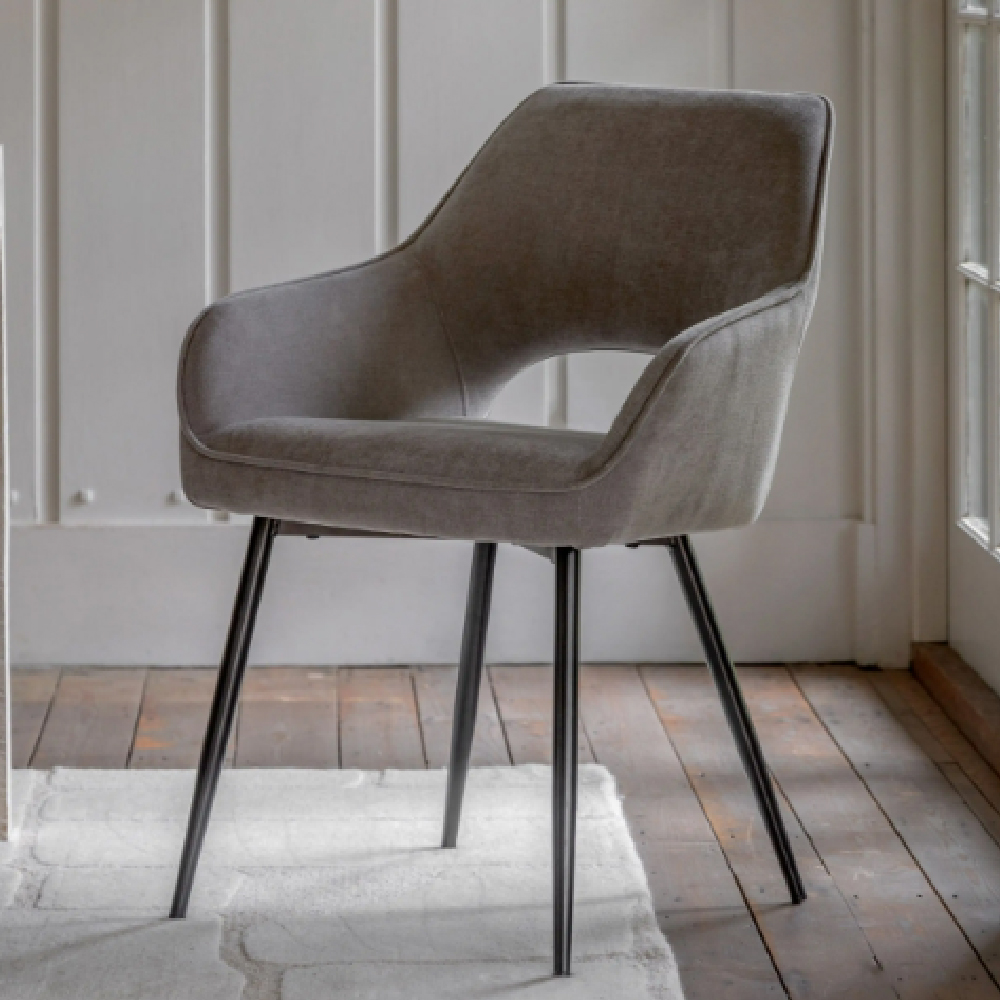 Ivoryton Grey Velvet Dining Chairs With Black Legs In Pair