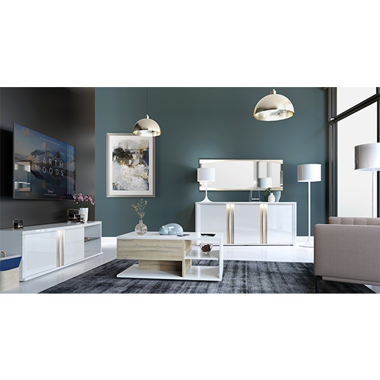 Iyla High Gloss Sideboard With 3 Doors In White Oak And LED_5