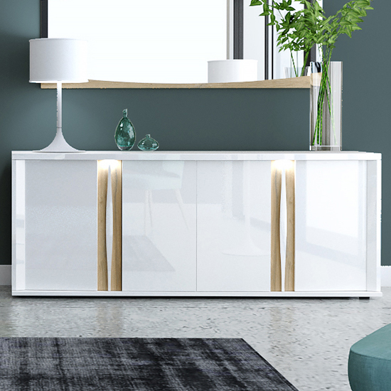 Iyla High Gloss Sideboard With 4 Doors In White Oak And LED
