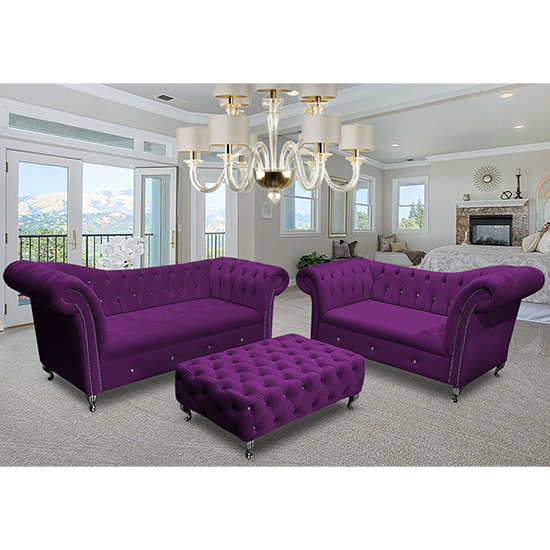 Photo of Izu plush velvet 2 seater and 3 seater sofa suite in boysenberry