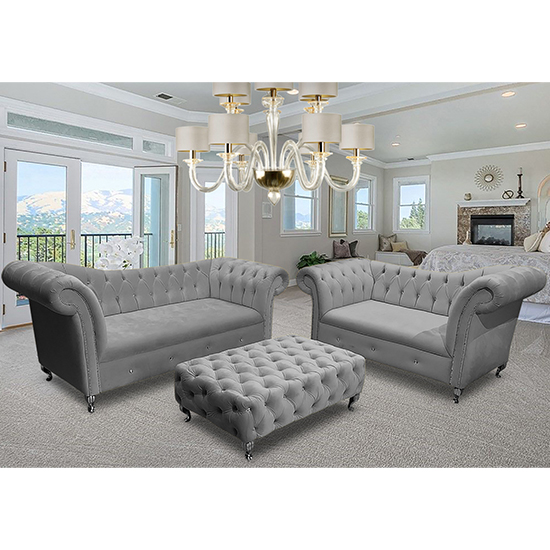 Photo of Izu plush velvet 2 seater and 3 seater sofa suite in grey