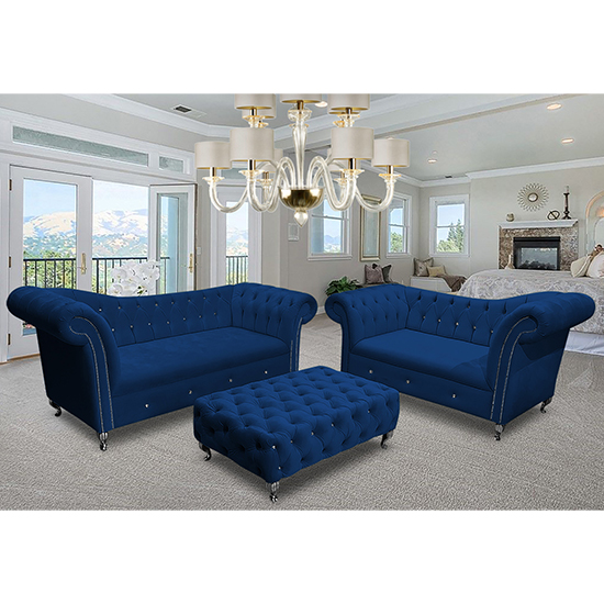 Izu Plush Velvet 2 Seater And 3 Seater Sofa Suite In Navy