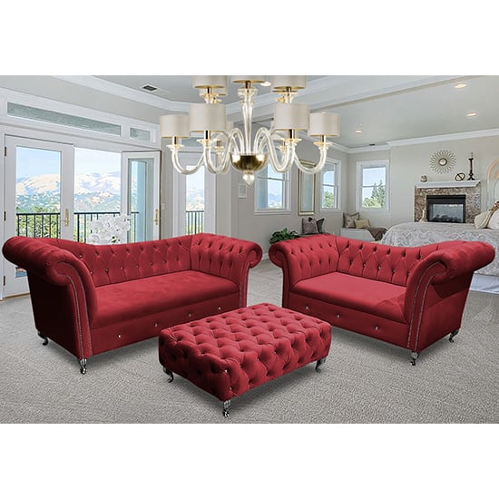 Product photograph of Izu Plush Velvet 2 Seater And 3 Seater Sofa Suite In Red from Furniture in Fashion