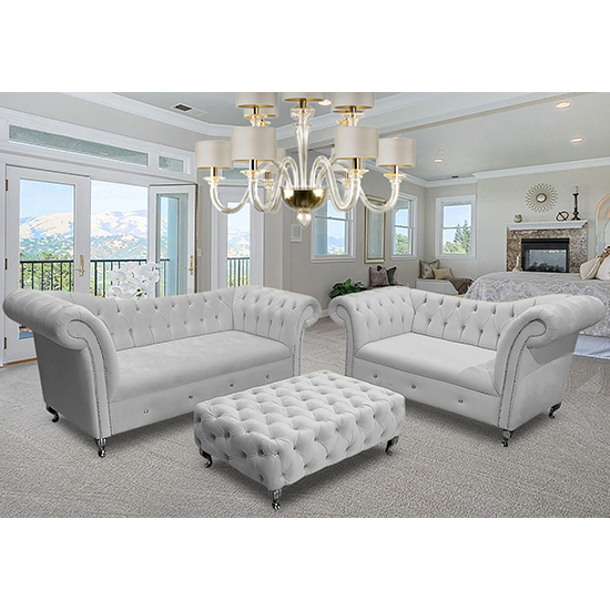 Izu Plush Velvet 2 Seater And 3 Seater Sofa Suite In Silver