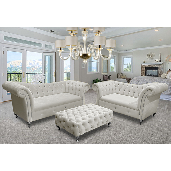 Izu Plush Velvet 3 Seater Sofa In Cream | Sale