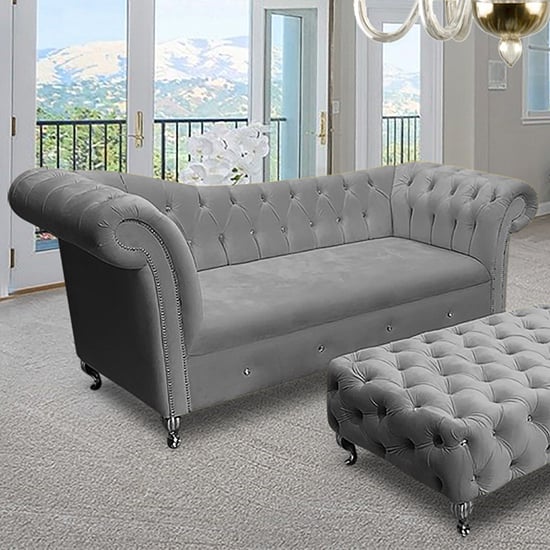 Izu Plush Velvet 3 Seater Sofa In Grey