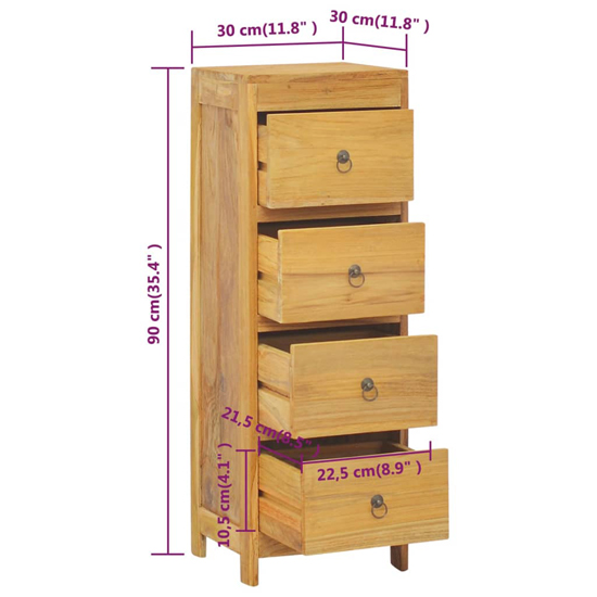 Jacop Solid Teak Wood Narrow Chest Of 4 Drawers In Natural