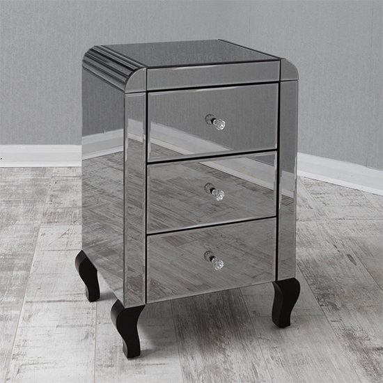 Jael Smokey Glass Bedside Cabinet With 3 Drawers In Mirrored