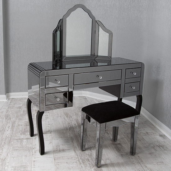 Product photograph of Jael Smokey Glass Dressing Table With Mirror And Stool from Furniture in Fashion